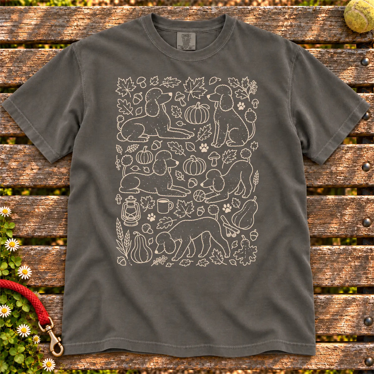 Autumn Poodle design on a Pepper Comfort Colors T-shirt, shown flat