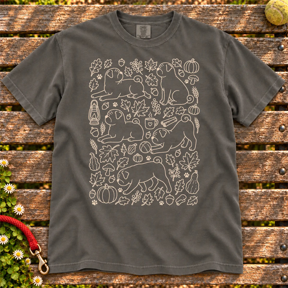 Autumn Pug design on a Pepper Comfort Colors T-shirt, shown flat