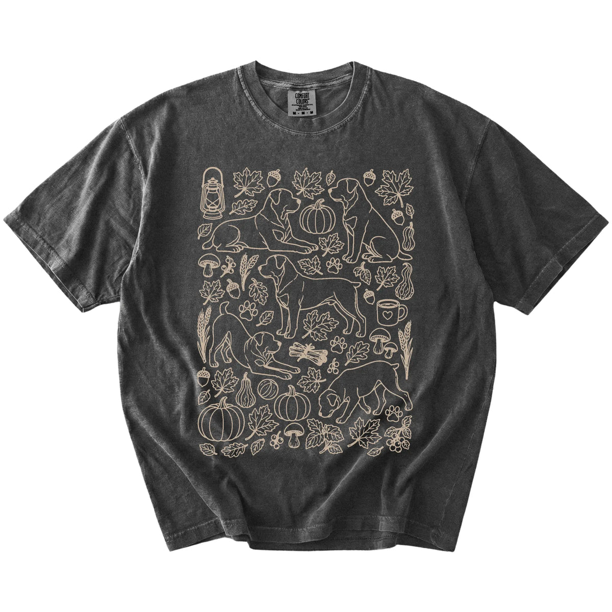 Rottweiler dogs with pumpkins, leaves, acorns, and woodland details on a Pepper Comfort Colors® T-shirt