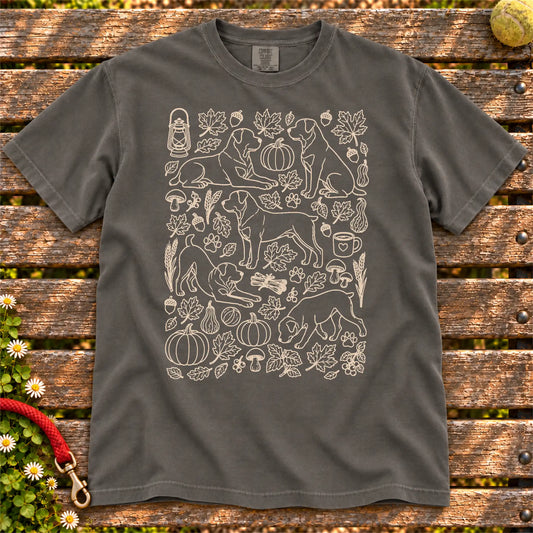Autumn Rottweiler design on a Pepper Comfort Colors T-shirt, shown flat