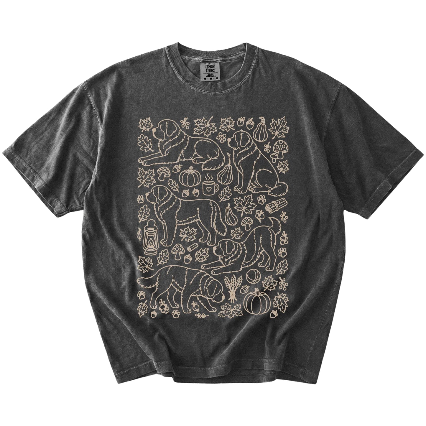 Saint Bernard dogs with pumpkins, leaves, acorns, and woodland details on a Pepper Comfort Colors® T-shirt