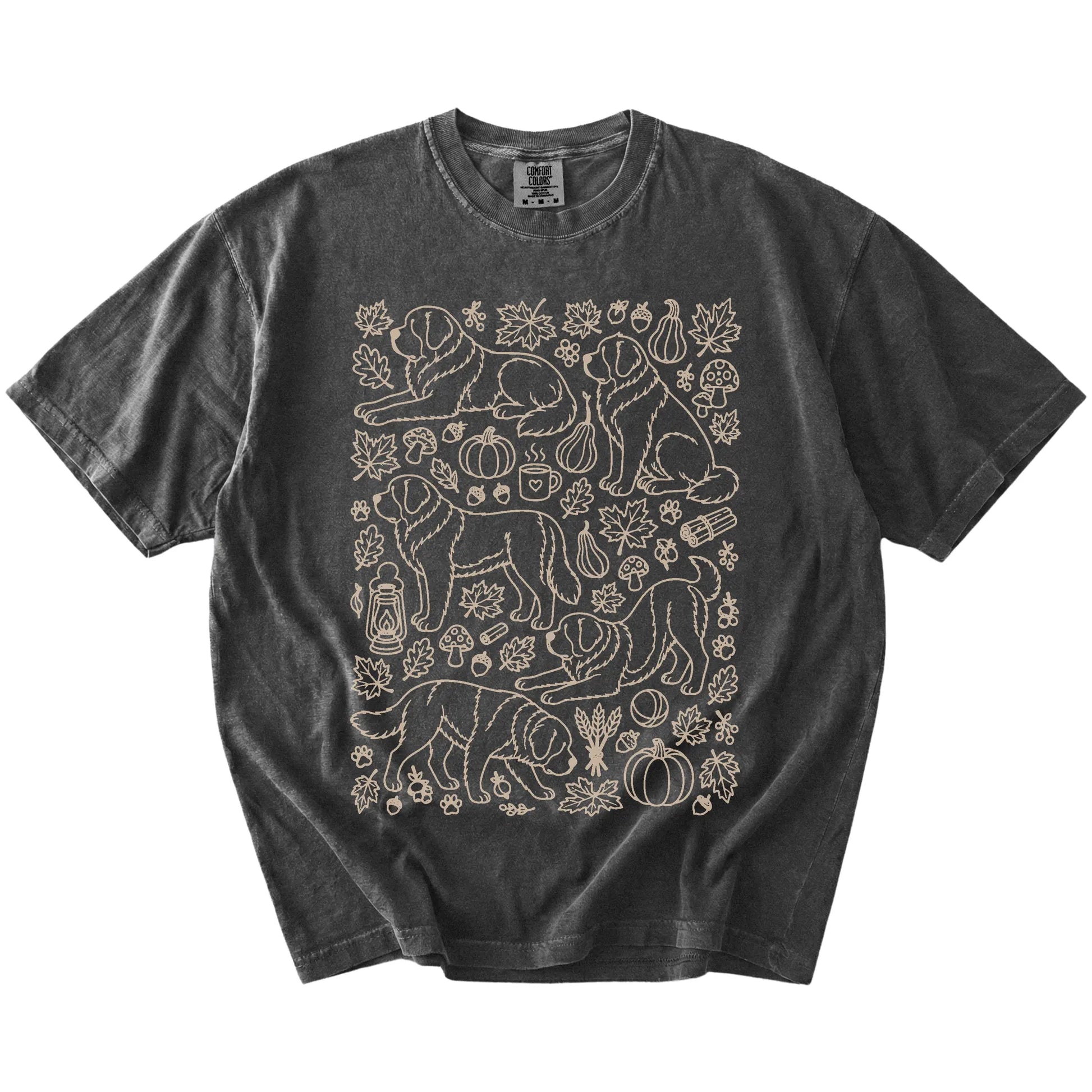 Saint Bernard dogs with pumpkins, leaves, acorns, and woodland details on a Pepper Comfort Colors® T-shirt