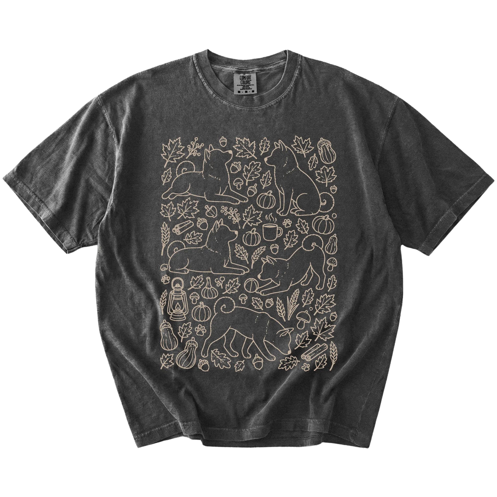 Shiba Inu dogs with pumpkins, leaves, acorns, and woodland details on a Pepper Comfort Colors® T-shirt