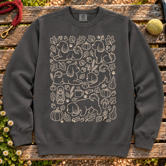 Shih Tzu Autumn on a Pepper crewneck sweatshirt, shown flat