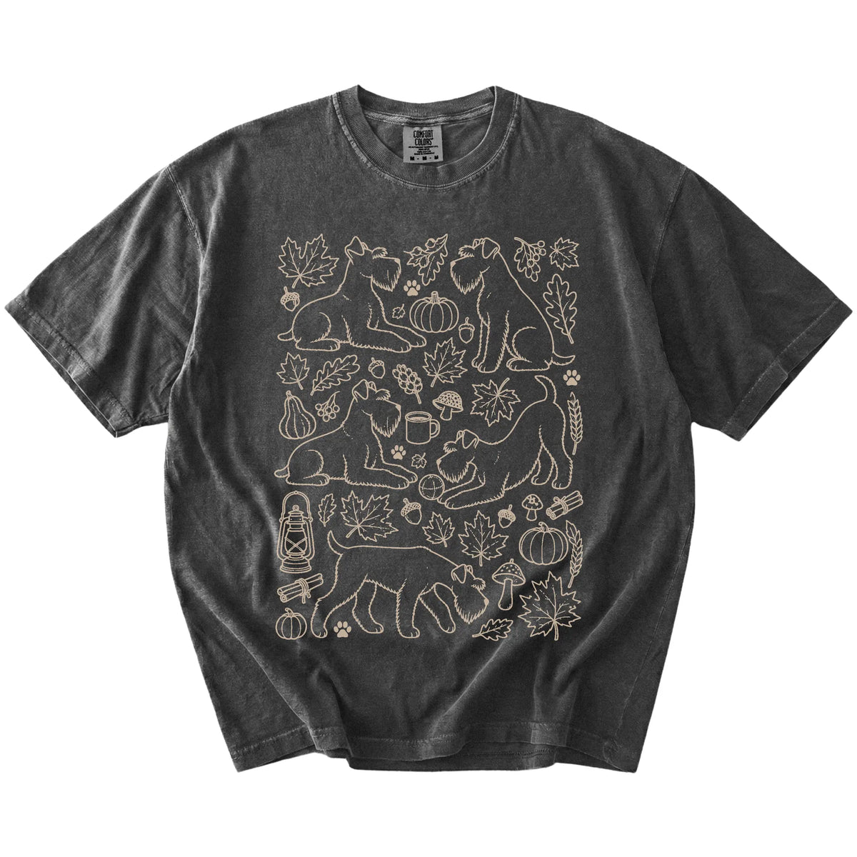 Schnauzer dogs with pumpkins, leaves, acorns, and woodland details on a Pepper Comfort Colors® T-shirt