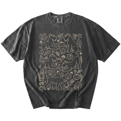 Schnauzer dogs with pumpkins, leaves, acorns, and woodland details on a Pepper Comfort Colors® T-shirt