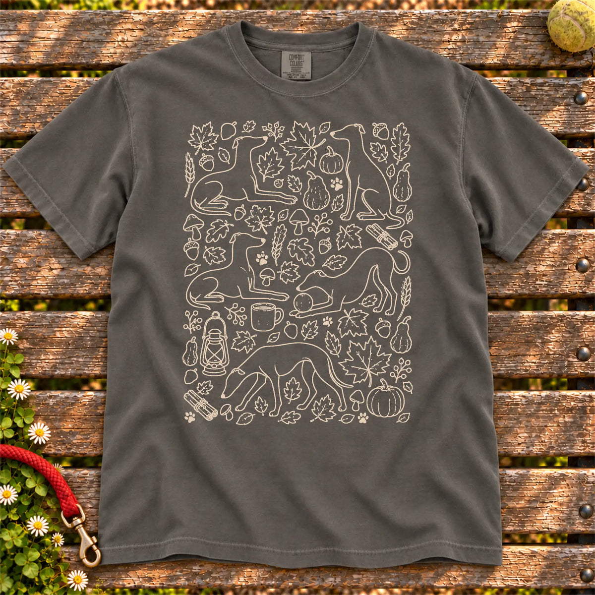 Autumn Whippet design on a Pepper Comfort Colors T-shirt, shown flat