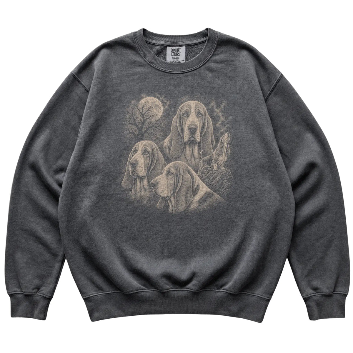 Basset Hound 90s Moon Sweatshirt in Pepper — flat lay