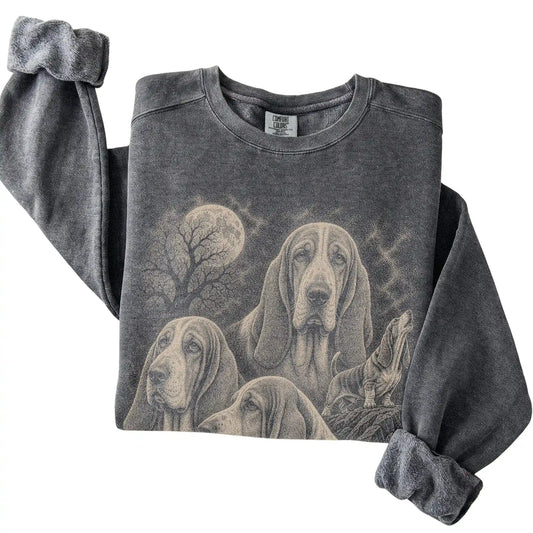 Pepper Comfort Colors sweatshirt featuring a Basset Hound 1990s moon design
