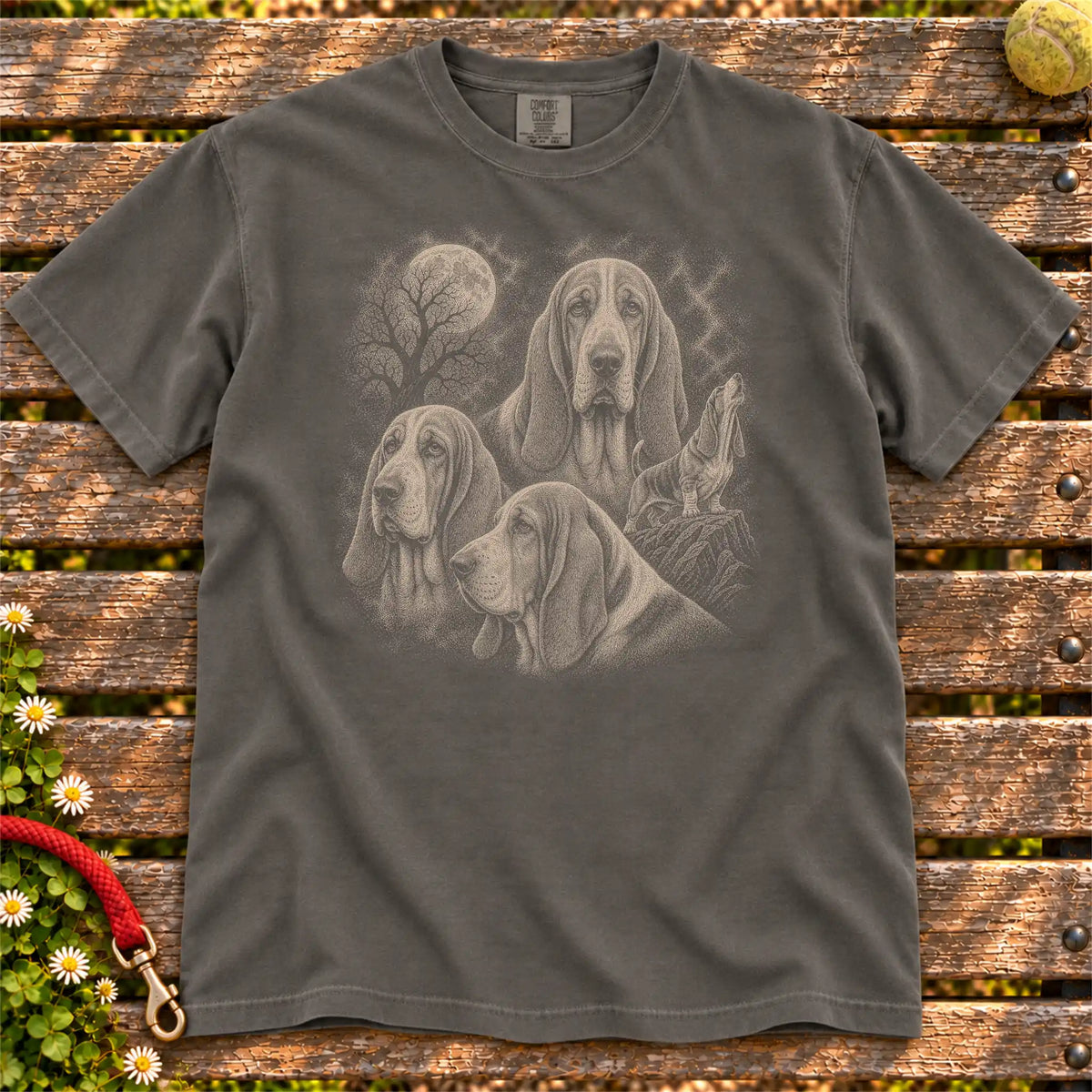 Basset Hound 90s Moon design on a Pepper T-shirt shown flat
