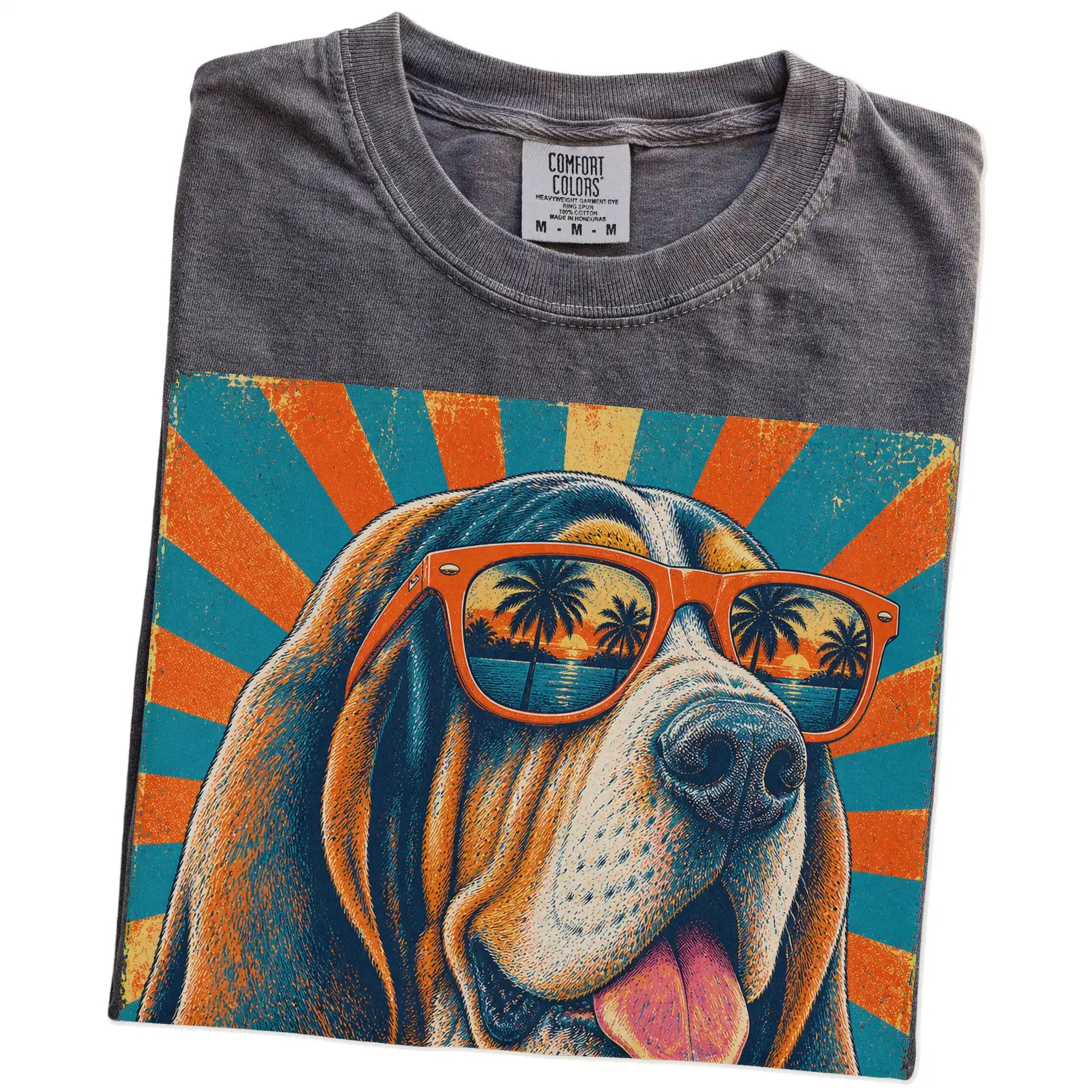 Retro Basset Hound Dad design on a Pepper Comfort Colors T-shirt folded detail