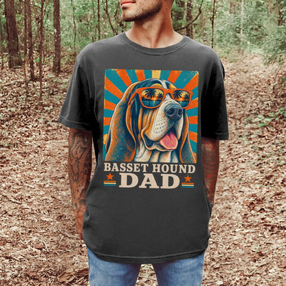 Retro Basset Hound Dad design on a Pepper Comfort Colors T-shirt worn by a model