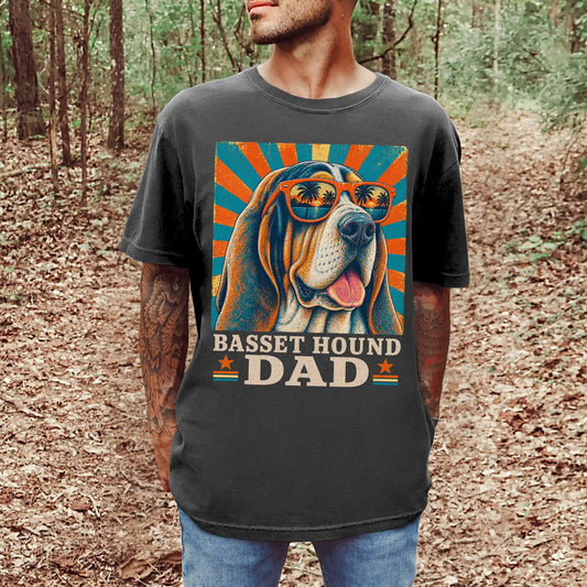 Retro Basset Hound Dad design on a Pepper Comfort Colors T-shirt worn by a model