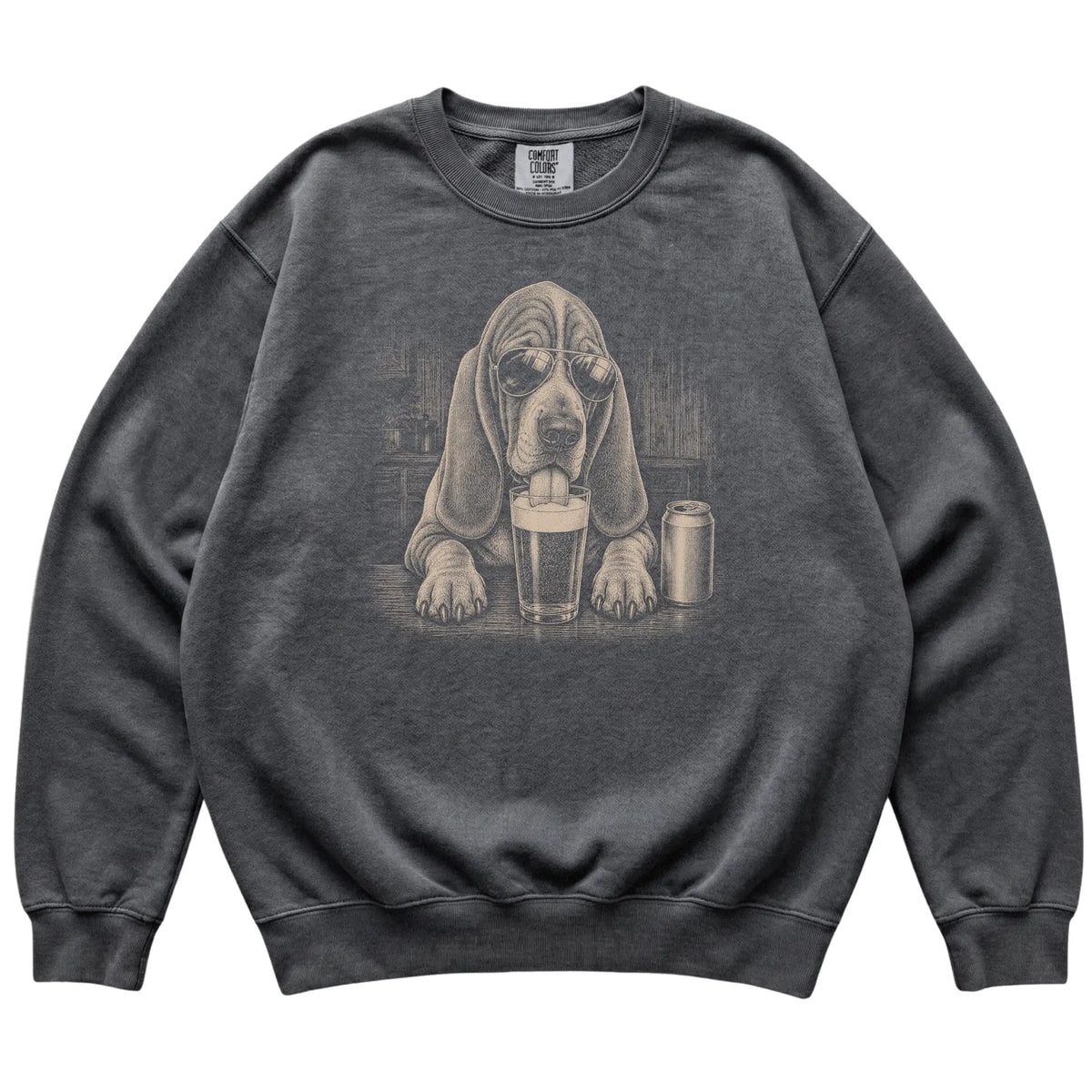 Pepper Basset Hound drinking from a pint at a bar, laid flat