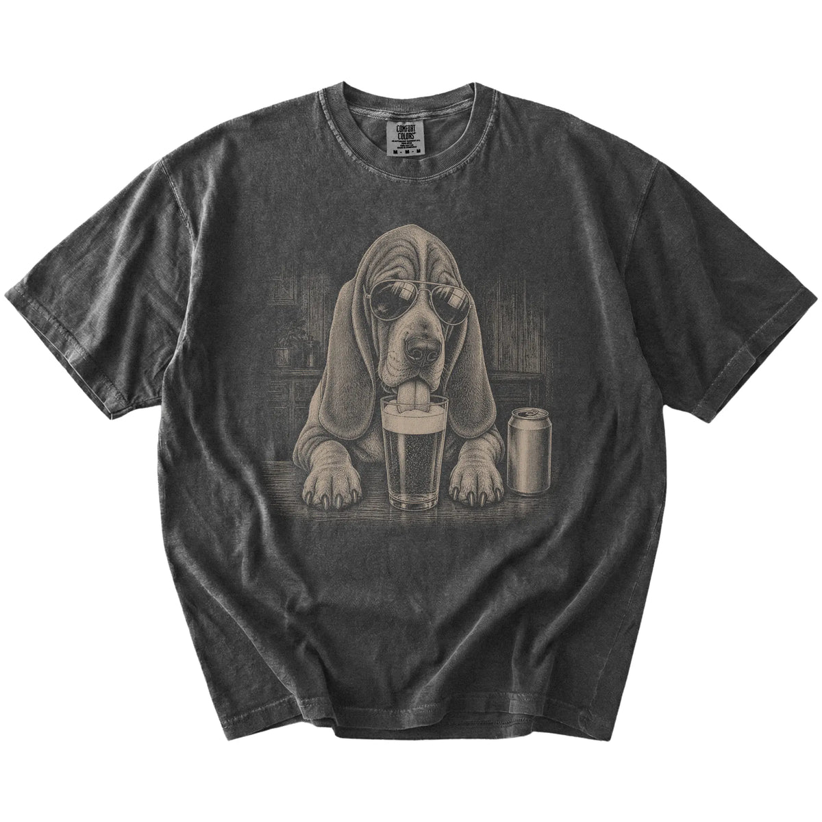 Basset Hound sneaking a drink from a foamy pint at home on a Pepper Comfort Colors® t-shirt