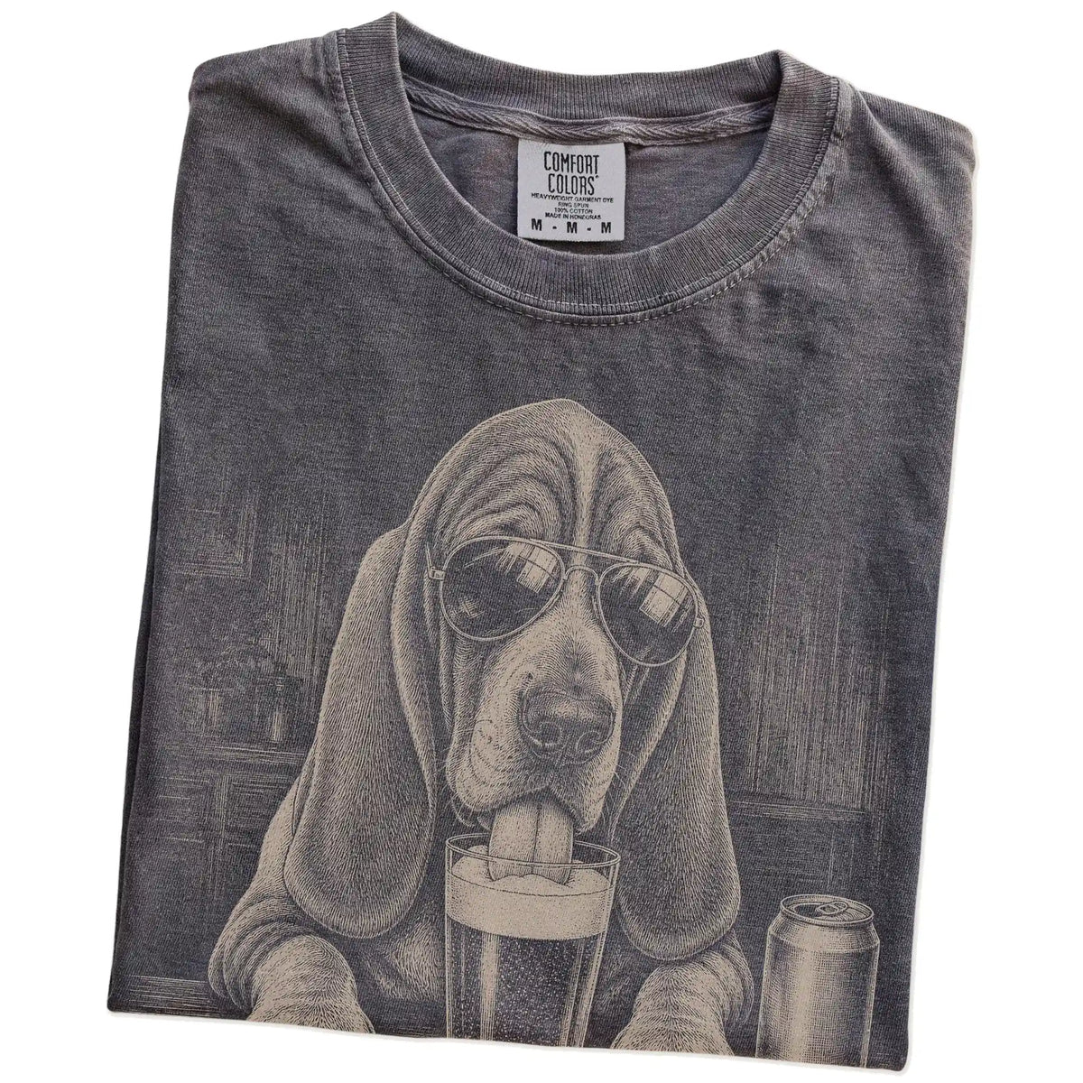 Folded Pepper Comfort Colors® t-shirt showing Basset Hound sneaking a drink from a pint
