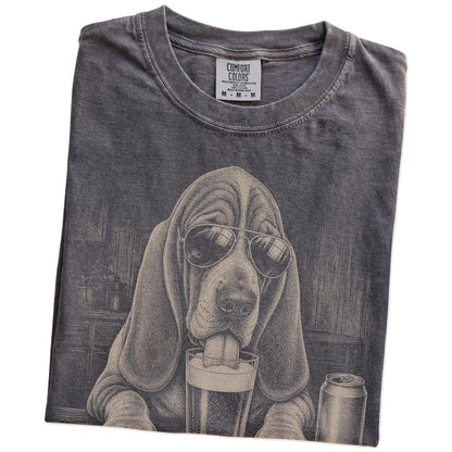 Folded Pepper Comfort Colors® t-shirt showing Basset Hound sneaking a drink from a pint