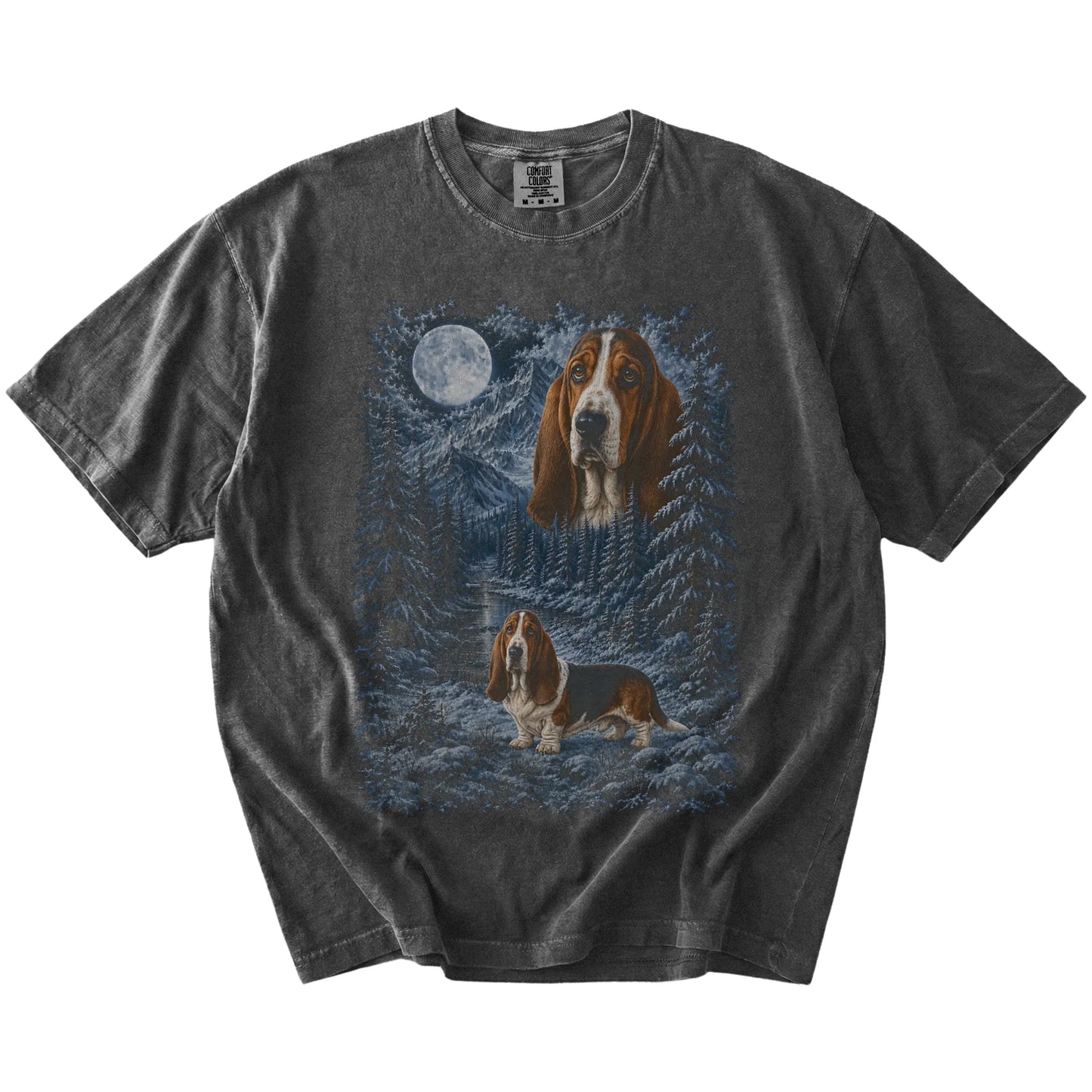 Basset Hound in a snowy winter forest on a Pepper t-shirt