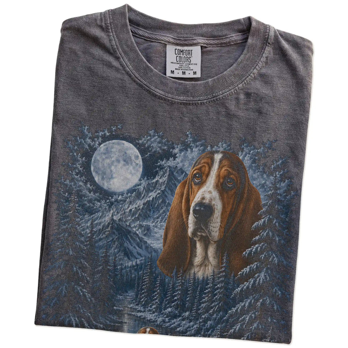 Folded Pepper Basset Hound winter forest t-shirt