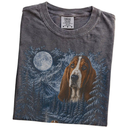 Folded Pepper Basset Hound winter forest t-shirt