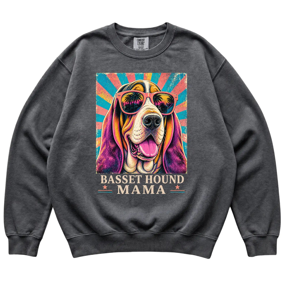 Retro Basset Hound Mama design on a Pepper Comfort Colors sweatshirt