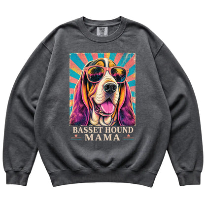 Retro Basset Hound Mama design on a Pepper Comfort Colors sweatshirt