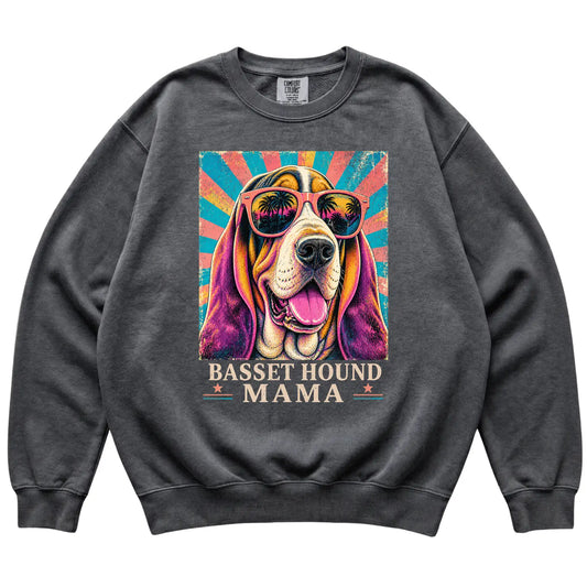 Retro Basset Hound Mama design on a Pepper Comfort Colors sweatshirt