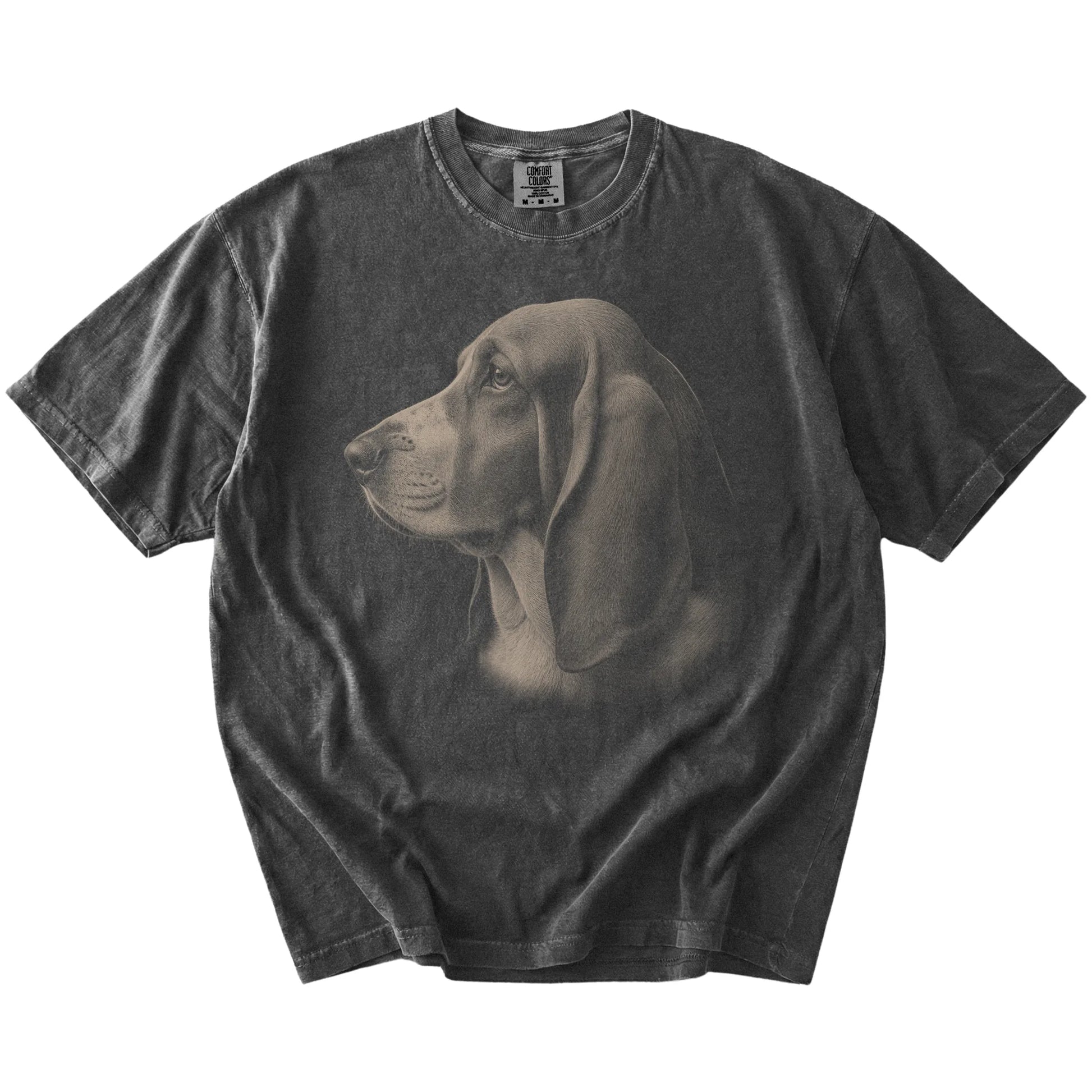 A detailed photographic portrait of a Basset Hound on a Pepper Comfort Colors® T-shirt