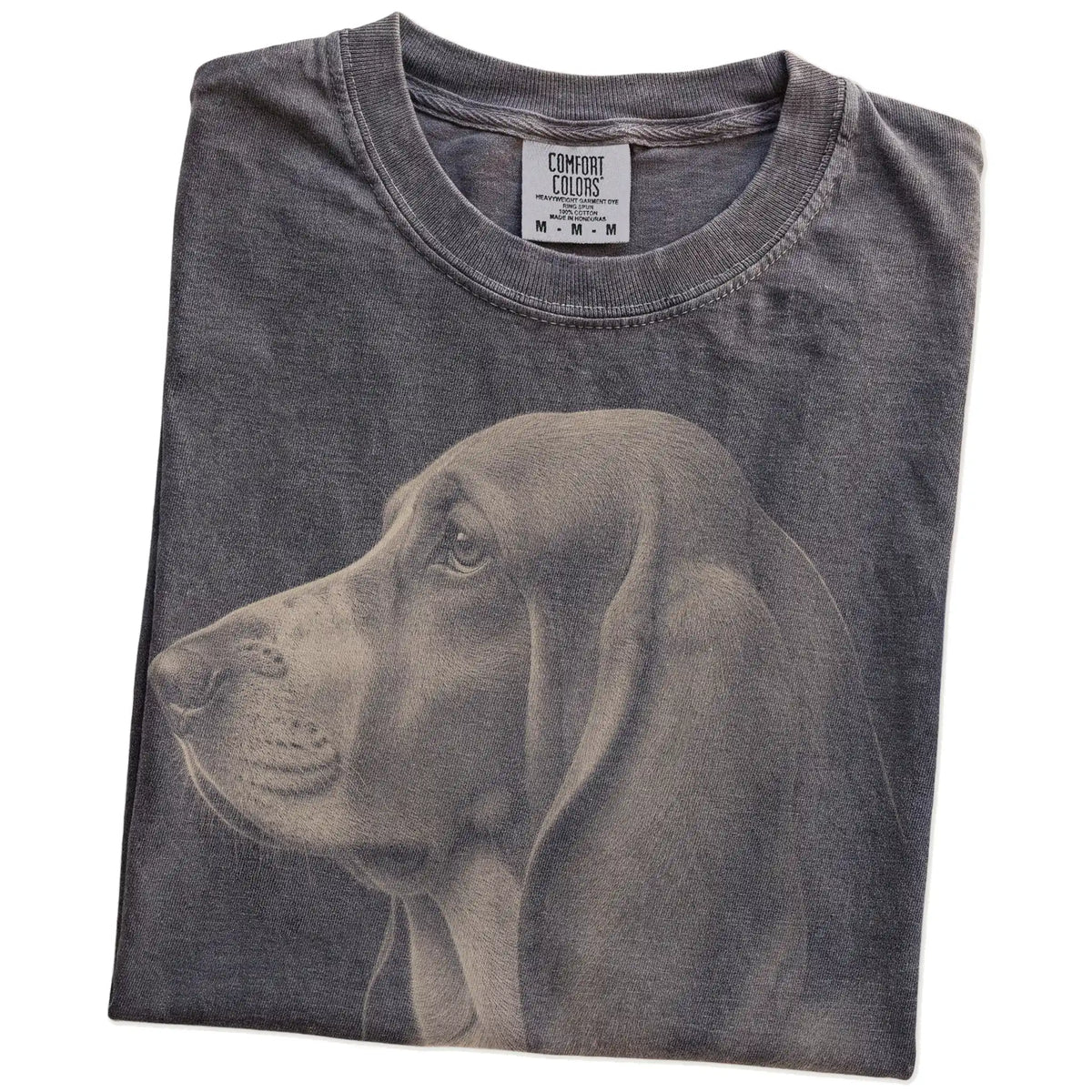 Folded Pepper Comfort Colors® T-shirt showing a detailed photographic portrait of a Basset Hound