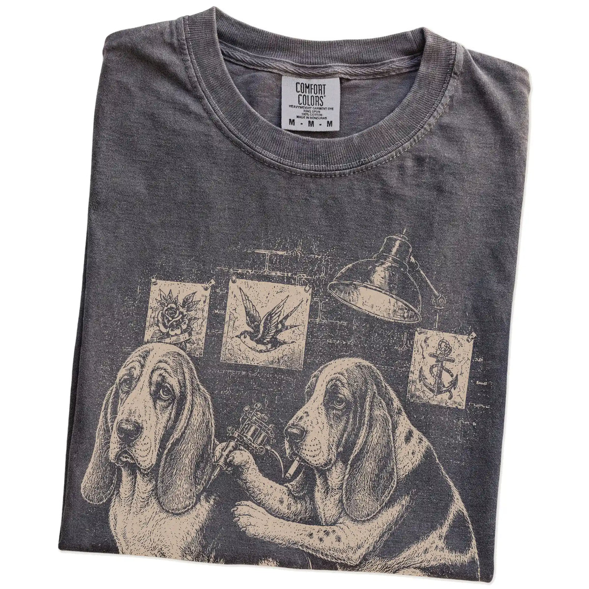 Folded Pepper Basset Hound Tattoo t-shirt showing the graphic