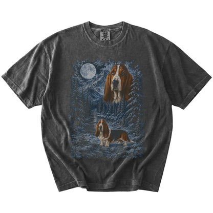 pepper T-shirt with Basset Hound Winter Moon artwork.
