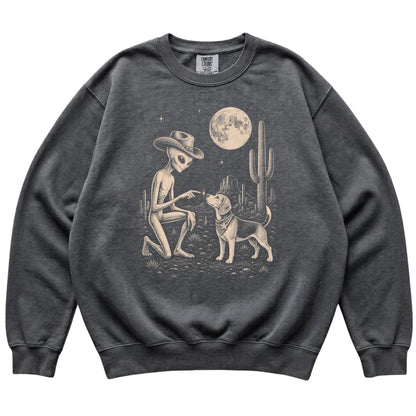 Pepper Comfort Colors® sweatshirt featuring Beagle Cowboy and Alien, laid-flat presentation