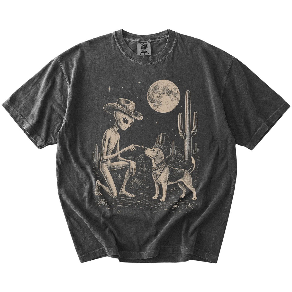 Cowboy alien fist-bumping a Beagle beneath the moon on a Pepper Comfort Colors® T-shirt