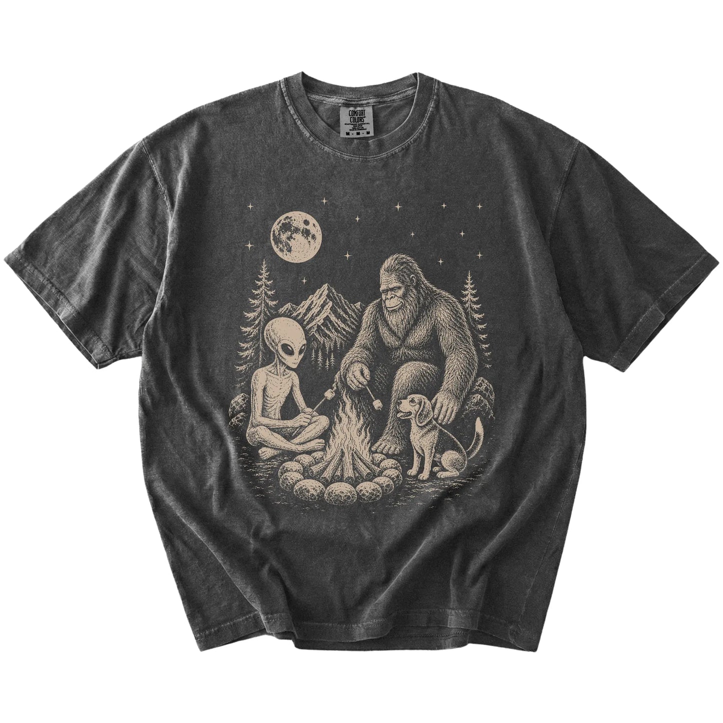 Beagle camping with Bigfoot and an alien on a Pepper Comfort Colors® T-shirt