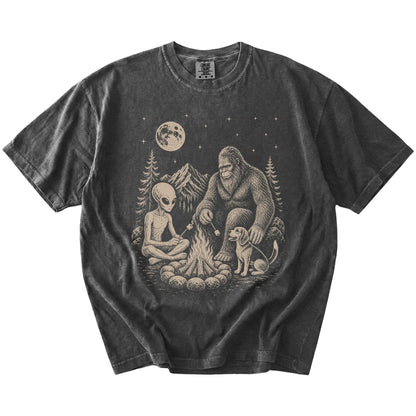 Beagle camping with Bigfoot and an alien on a Pepper Comfort Colors® T-shirt