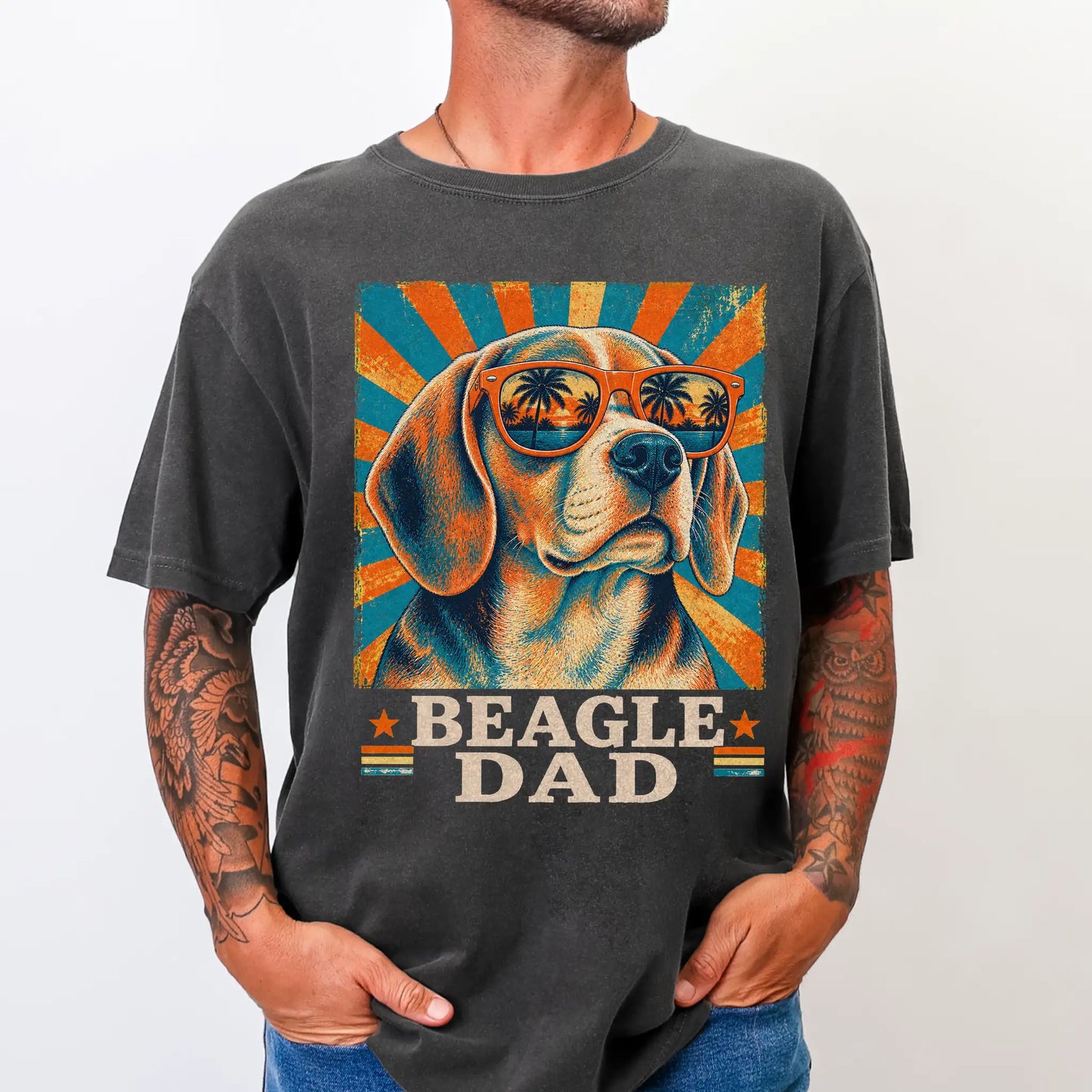 Retro Beagle Dad design on a Pepper Comfort Colors T-shirt worn by a model