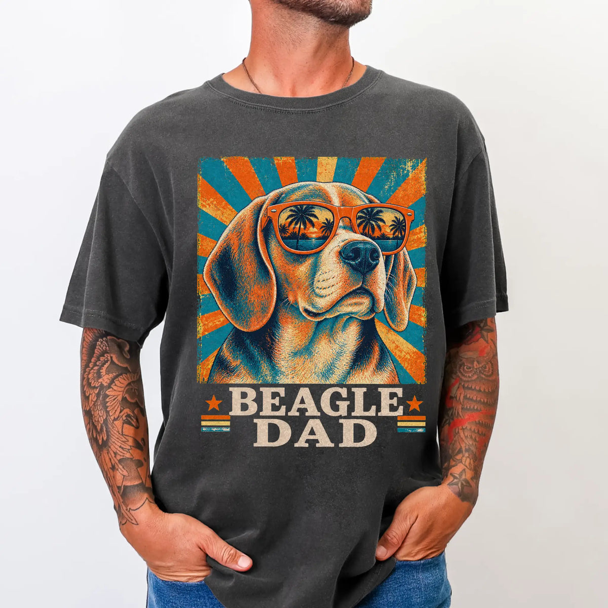 Retro Beagle Dad design on a Pepper Comfort Colors T-shirt worn by a model