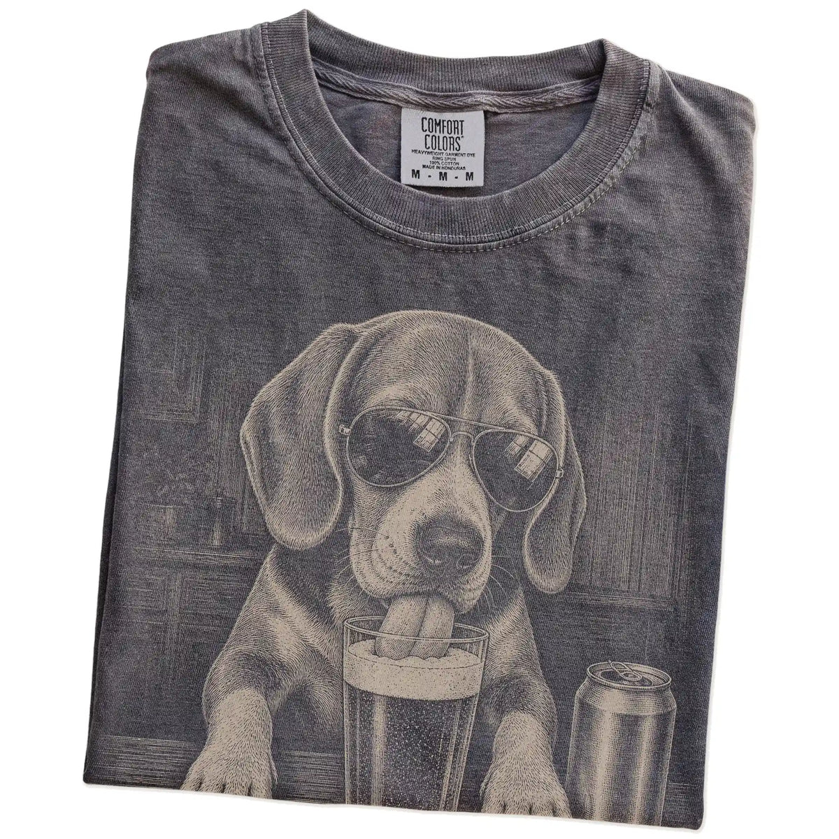 Folded Pepper Comfort Colors® t-shirt showing Beagle sneaking a drink from a pint
