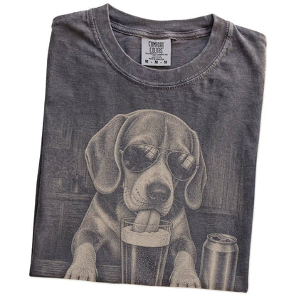 Folded Pepper Comfort Colors® t-shirt showing Beagle sneaking a drink from a pint