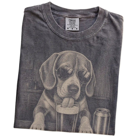 Folded Pepper Comfort Colors® t-shirt showing Beagle sneaking a drink from a pint