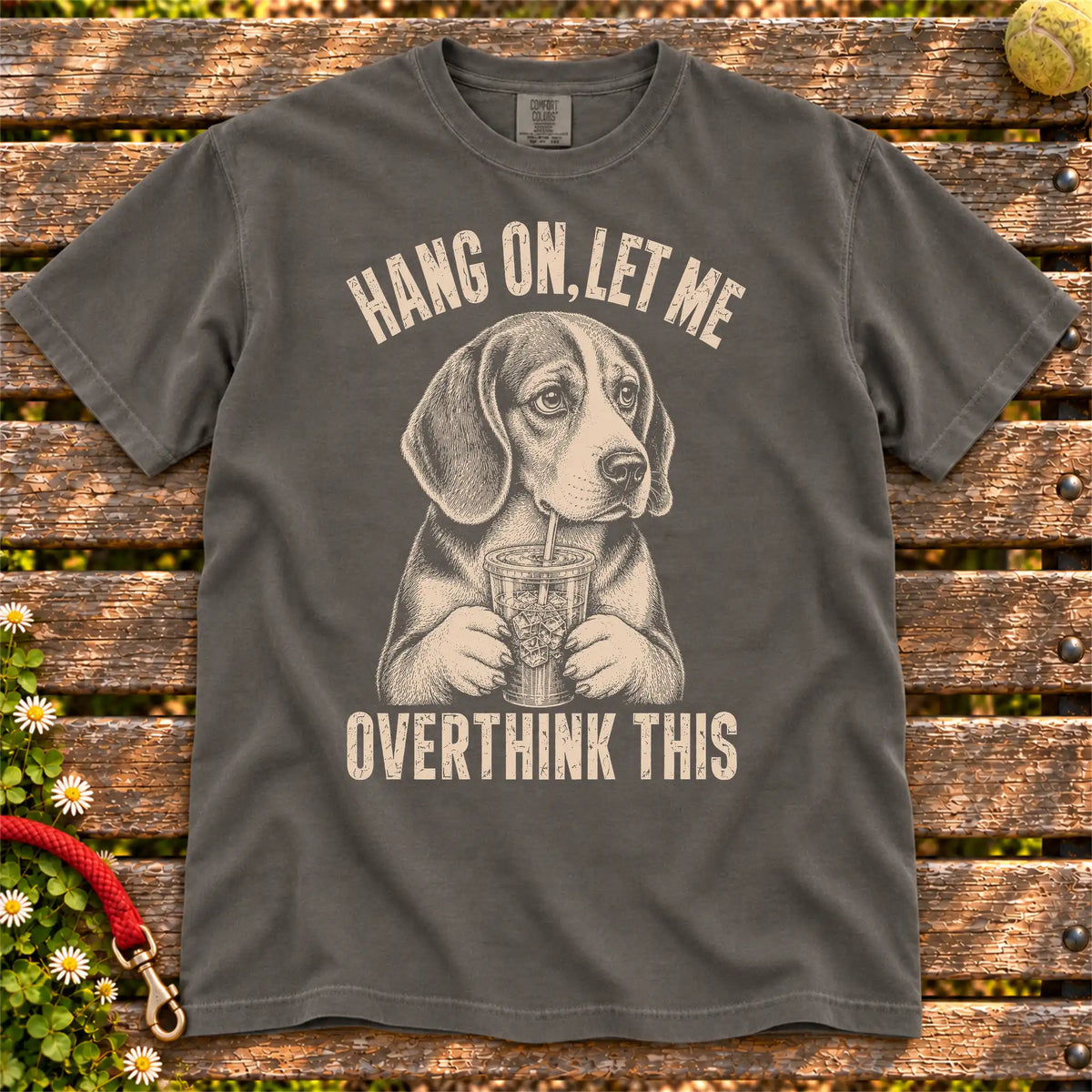 Overthinking Beagle design on a Pepper Comfort Colors T-shirt, shown flat