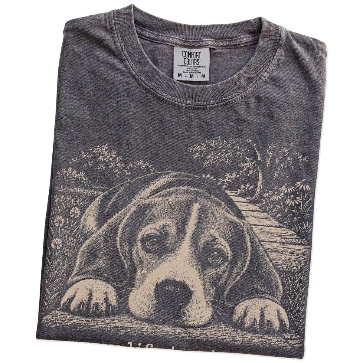 Beagle Karma Comfort Colors T-shirt in Pepper — Folded Detail