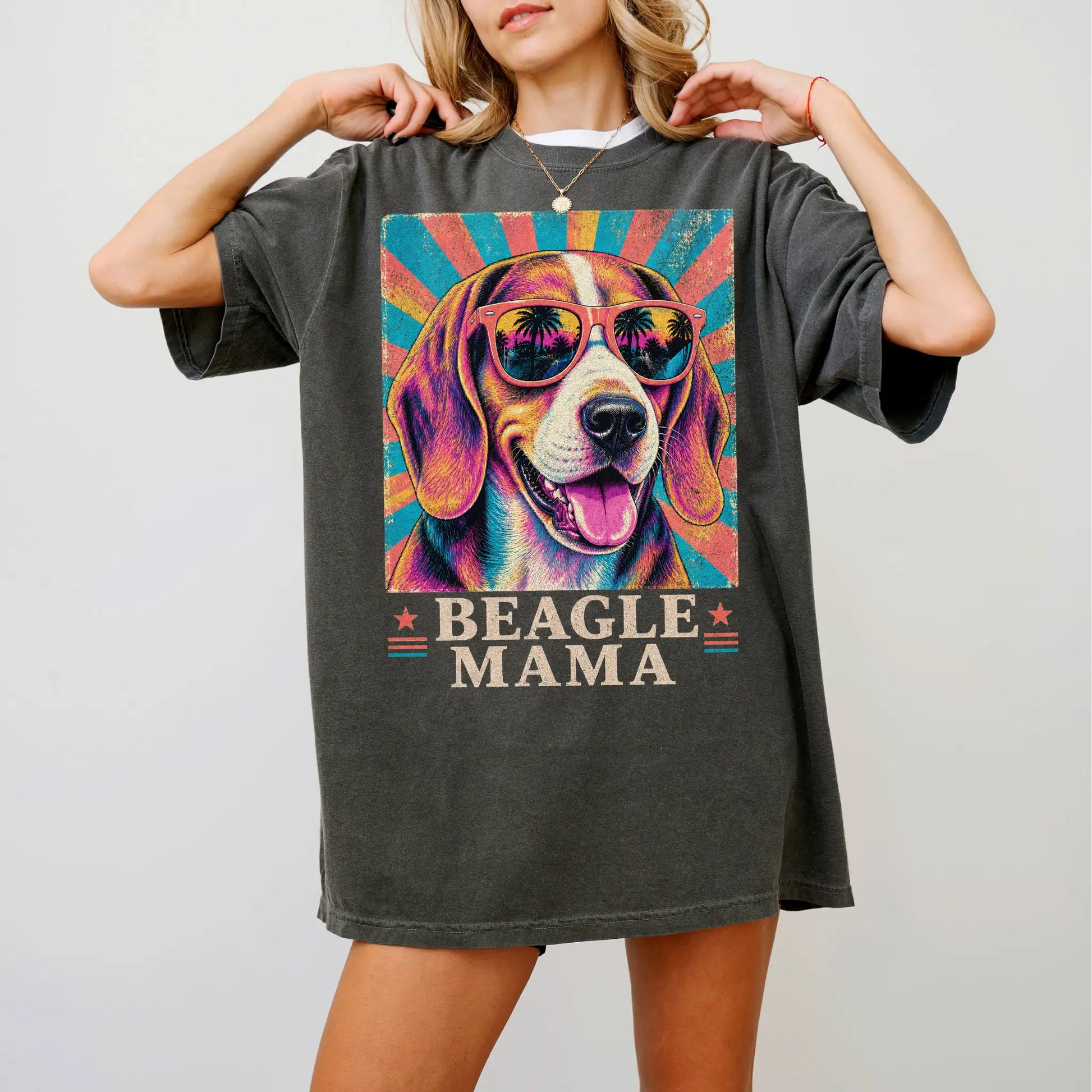 Retro Beagle Mama design on a Pepper Comfort Colors T-shirt worn by a model