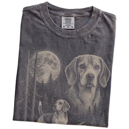 Folded Pepper Beagle Moonlit Forest T-Shirt showing the graphic