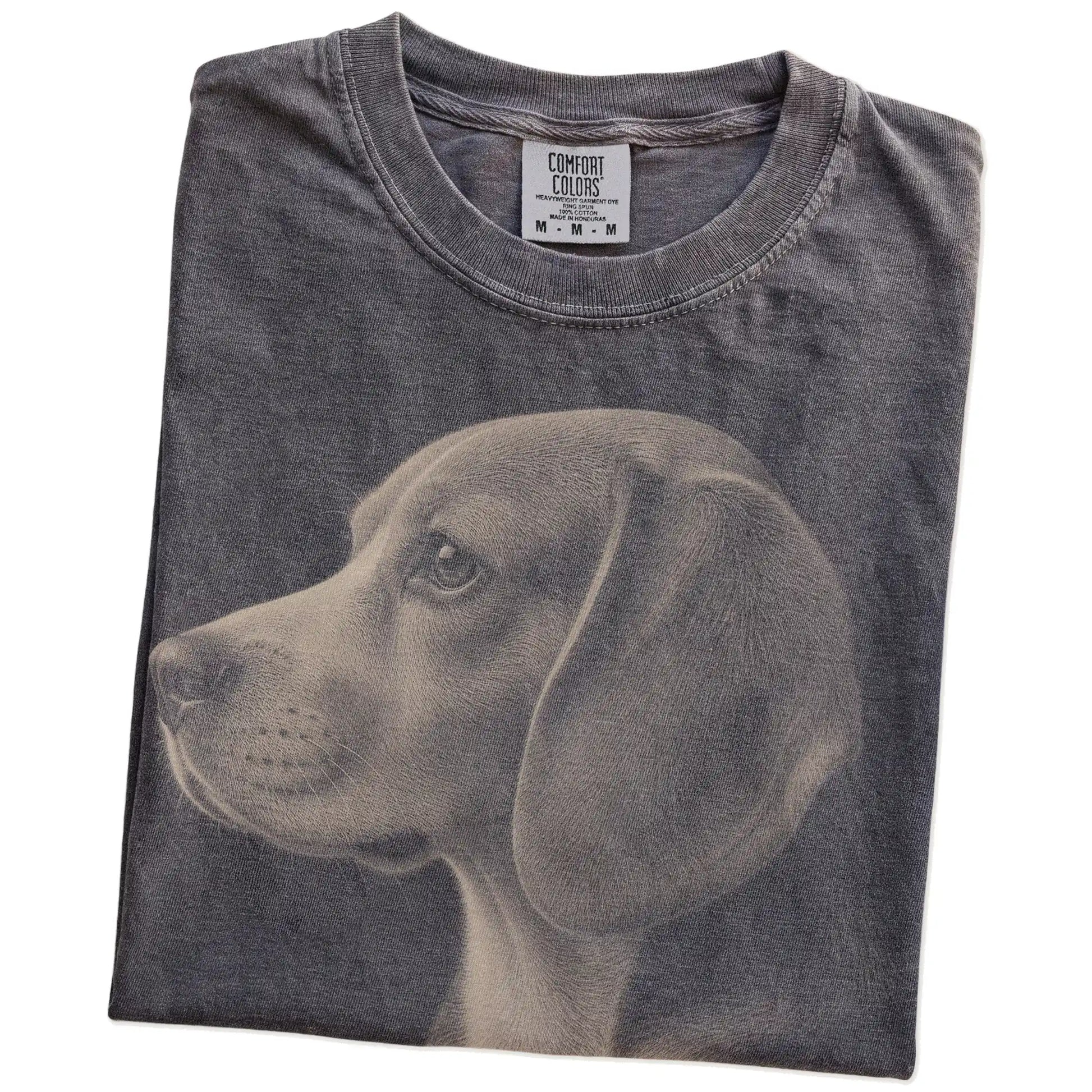 Folded Pepper Comfort Colors® T-shirt showing a detailed photographic portrait of a Beagle