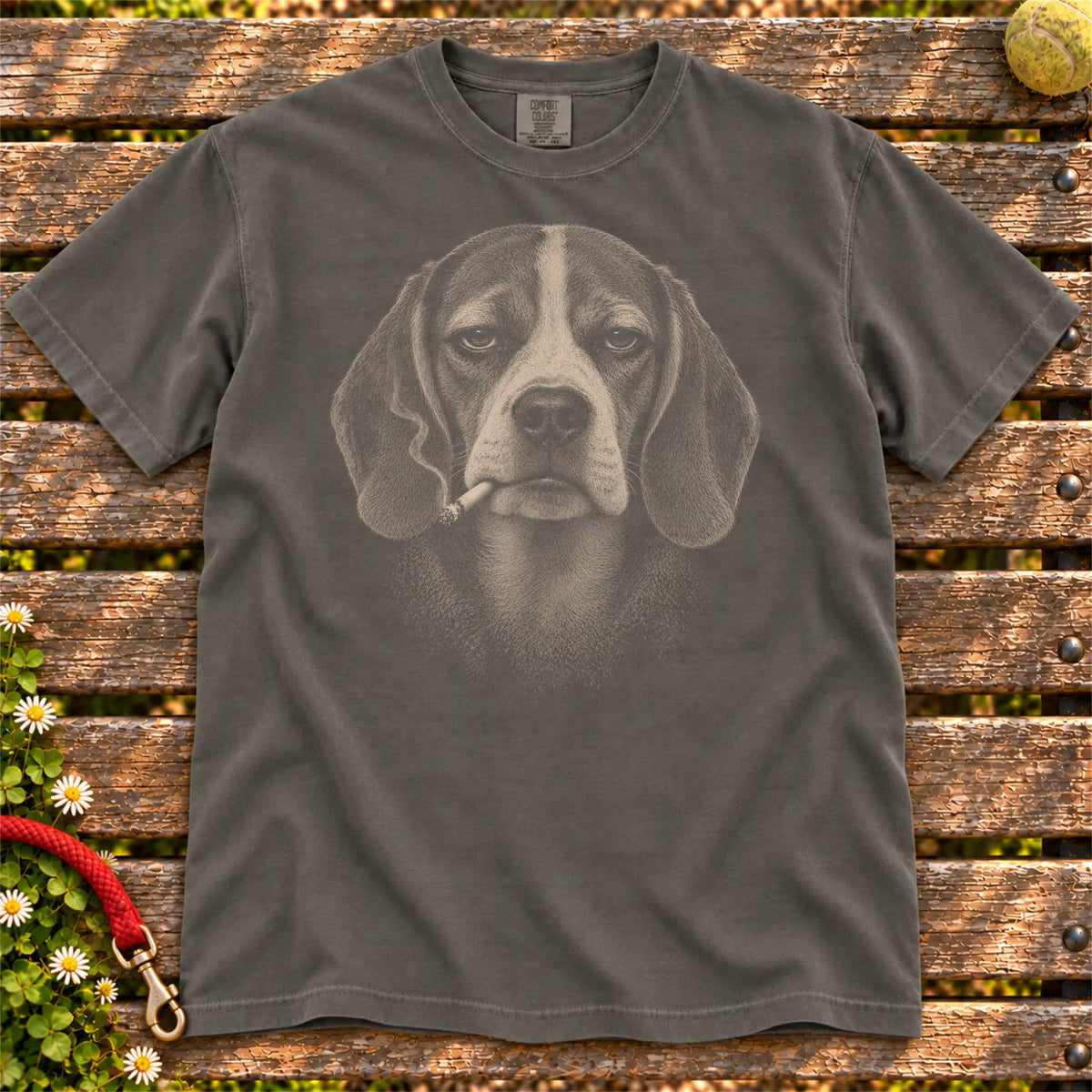 Beagle smoking design on a Pepper t-shirt