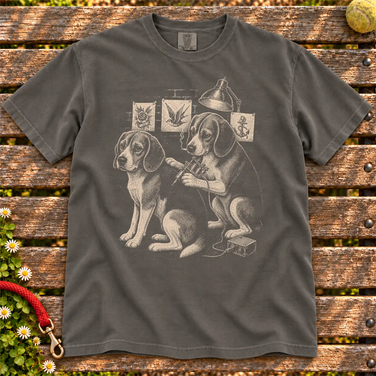 Beagle Tattoo design on a Pepper Comfort Colors T-shirt, shown flat