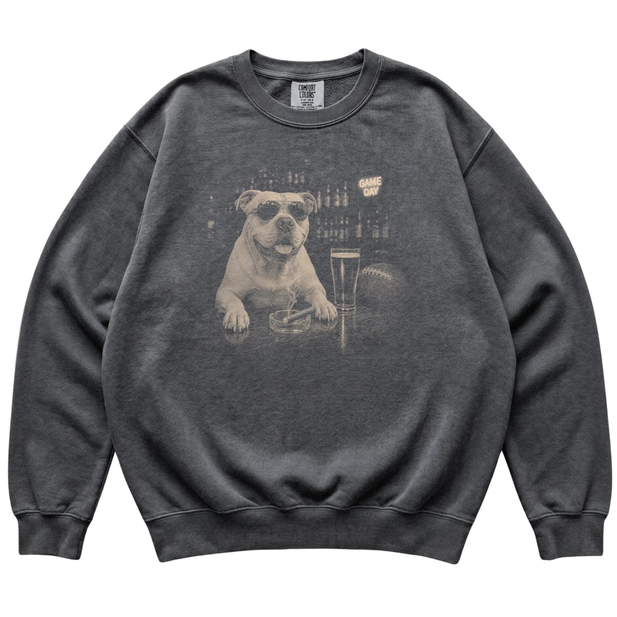 Pepper Beer and Football American Bulldog sweatshirt, laid flat
