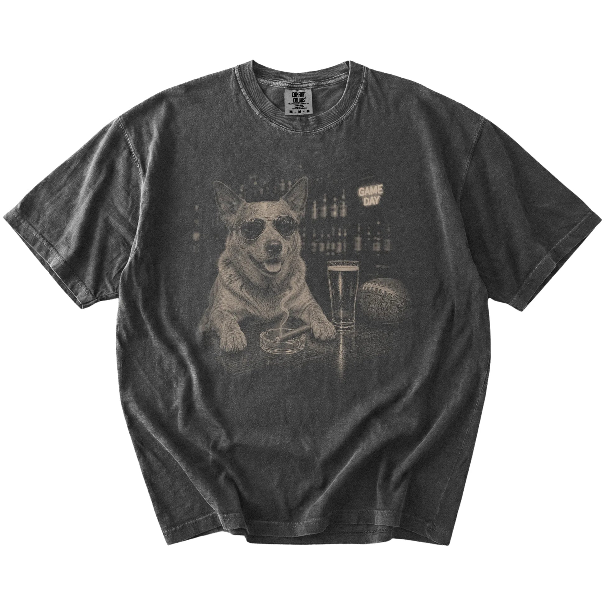 Blue Heeler with beer and football graphics on a Pepper Comfort Colors® T-shirt