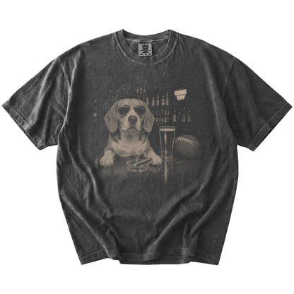 Beagle with beer and football graphics on a Pepper Comfort Colors® T-shirt